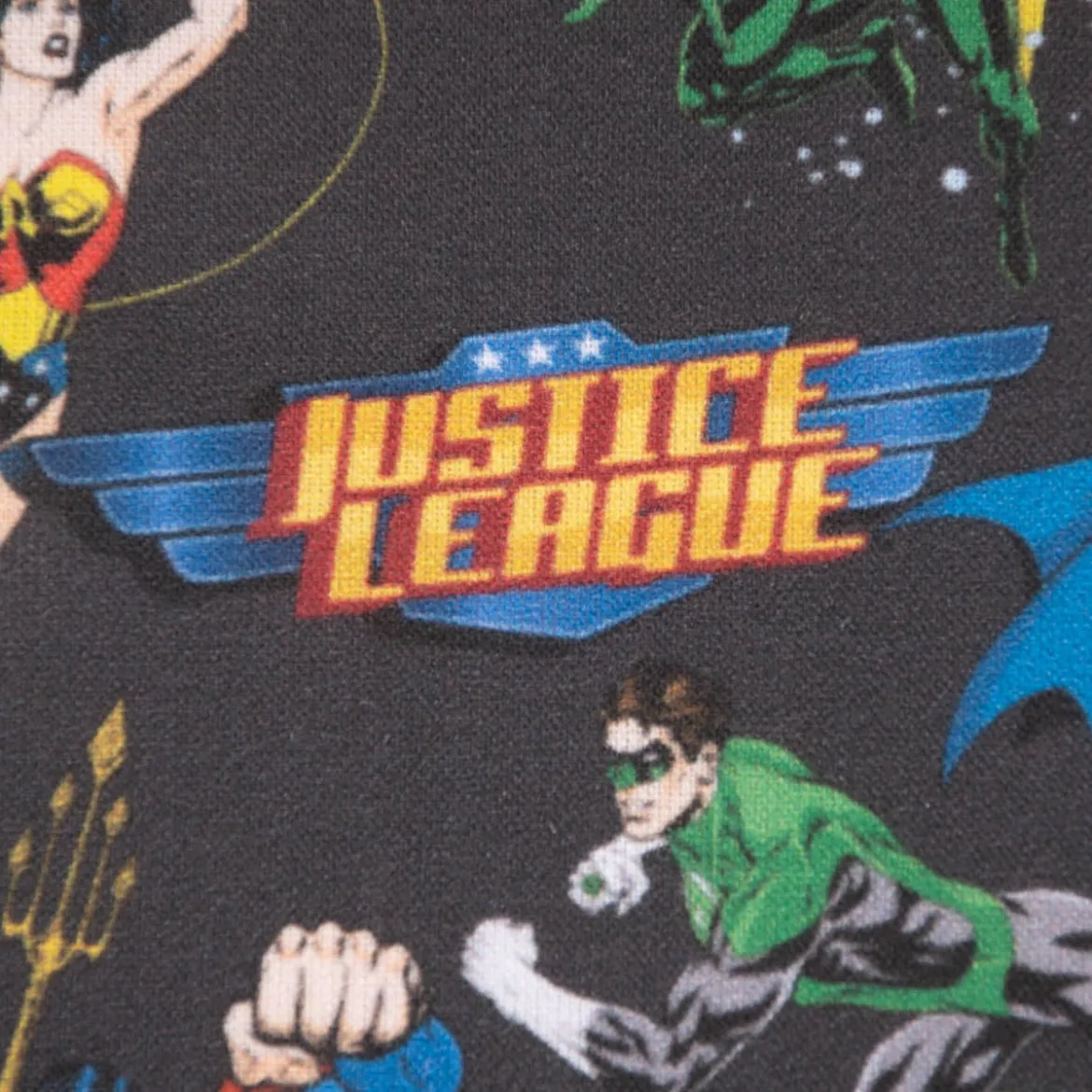 Baumwollstoff Popeline Digitaldruck Justice League Logo schwarz blau grau gelb rot grün 1,5m Breite