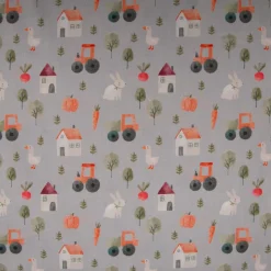 Baumwollstoff Popeline Digitaldruck Bauernhof beige orange grün 1,45m Breite