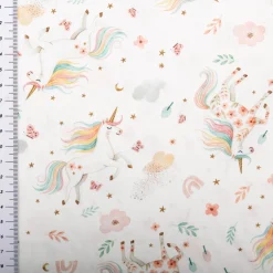 Baumwollstoff Popeline Digitaldruck Orianna Einhörner Regenbogen rosa türkis 1,50m Breite