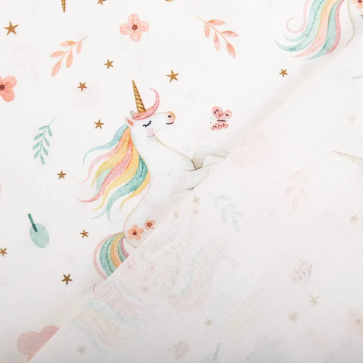 Baumwollstoff Popeline Digitaldruck Orianna Einhörner Regenbogen rosa türkis 1,50m Breite
