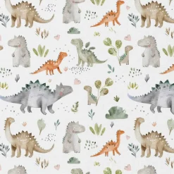 Baumwollstoff Popeline Digitaldruck Dinox Dinosaurier Blätter grün beige 1,50m Breite