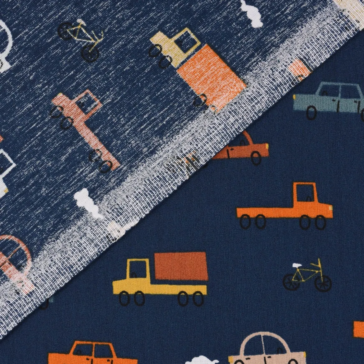 Baumwollstoff Popeline Fahrzeuge Auto Fahrrad Lkw blau bunt 1,48m Breite