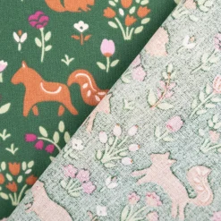 Baumwollstoff Popeline Faunia Waldtiere Blumen dunkelgrün rosa 1,50m Breite
