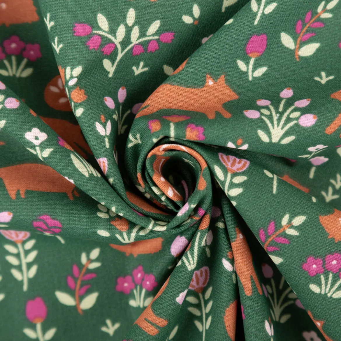 Baumwollstoff Popeline Faunia Waldtiere Blumen dunkelgrün rosa 1,50m Breite