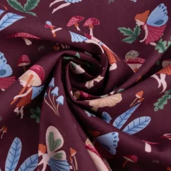 Baumwollstoff Popeline Fine Poplin Fairytale Feen Pilze bordeaux 1,50m Breite