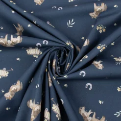 Baumwollstoff Popeline Fine Poplin Digitaldruck SWEET HORSES Pferd Fohlen Heuwagen blau braun 1,45m Breite