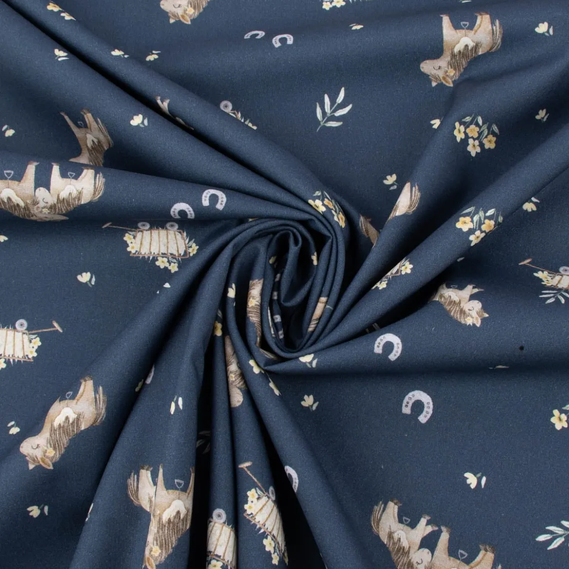 Baumwollstoff Popeline Fine Poplin Digitaldruck SWEET HORSES Pferd Fohlen Heuwagen blau braun 1,45m Breite