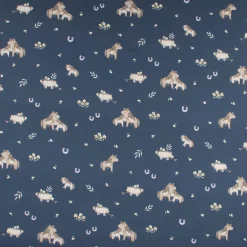 Baumwollstoff Popeline Fine Poplin Digitaldruck SWEET HORSES Pferd Fohlen Heuwagen blau braun 1,45m Breite