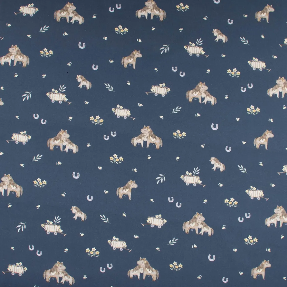 Baumwollstoff Popeline Fine Poplin Digitaldruck SWEET HORSES Pferd Fohlen Heuwagen blau braun 1,45m Breite
