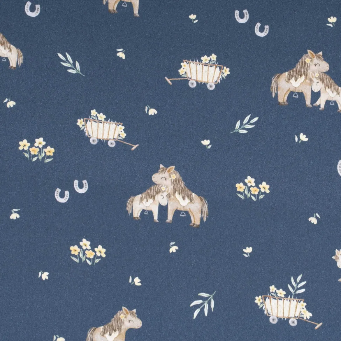 Baumwollstoff Popeline Fine Poplin Digitaldruck SWEET HORSES Pferd Fohlen Heuwagen blau braun 1,45m Breite