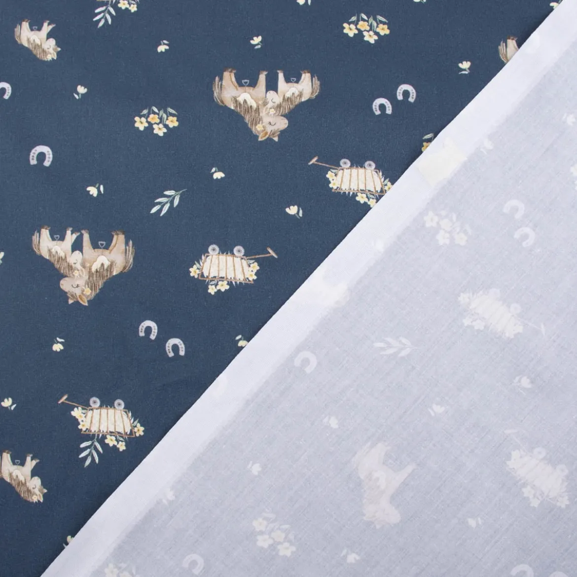 Baumwollstoff Popeline Fine Poplin Digitaldruck SWEET HORSES Pferd Fohlen Heuwagen blau braun 1,45m Breite