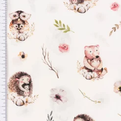 Baumwollstoff Popeline Kinder Digitaldruck Bär Eule Igel mit Tierkindern weiß rosa braun 1,50m Breite