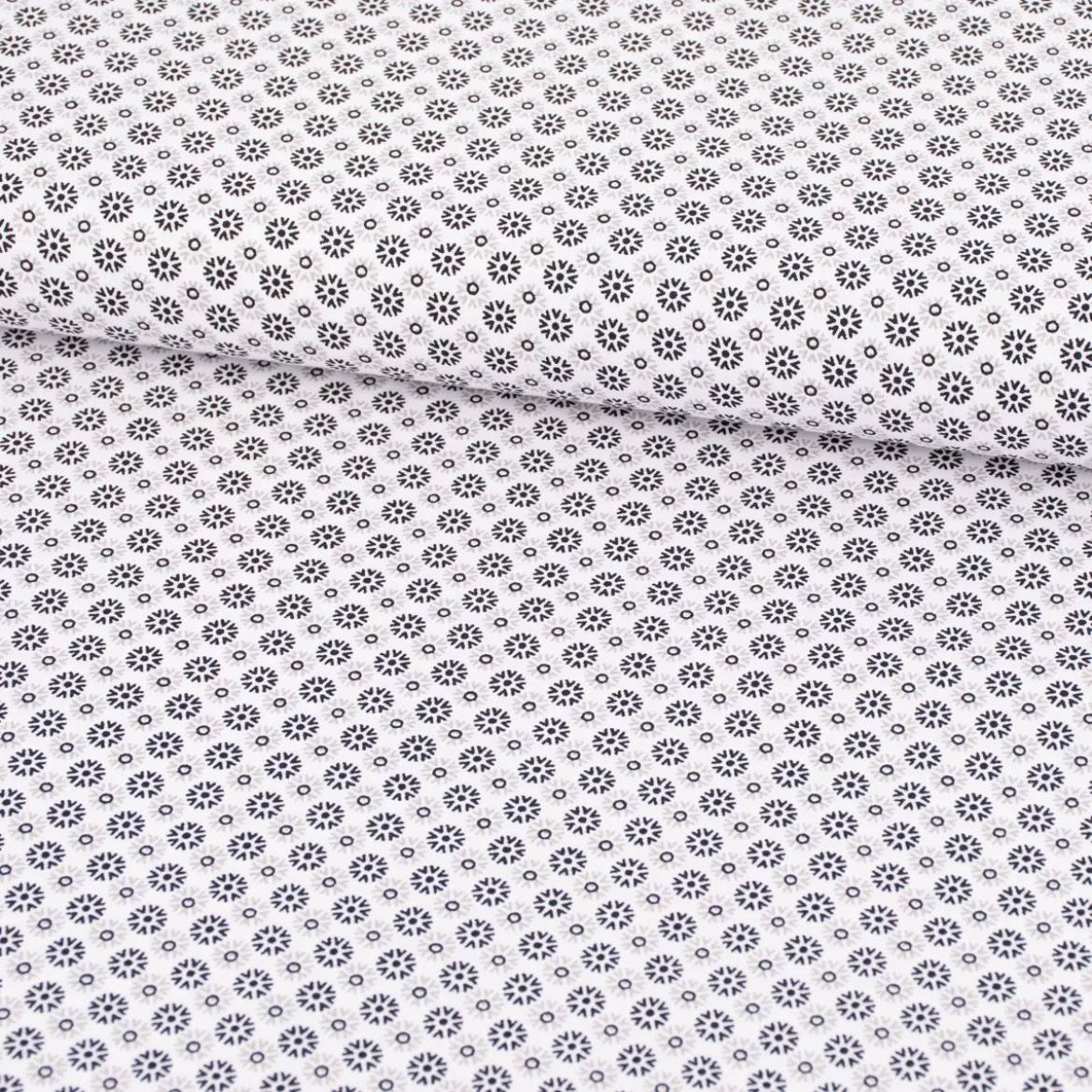 Baumwollstoff Popeline Minimals Blümchen Kreis-Ornamente weiß schwarz 1,48m Breite