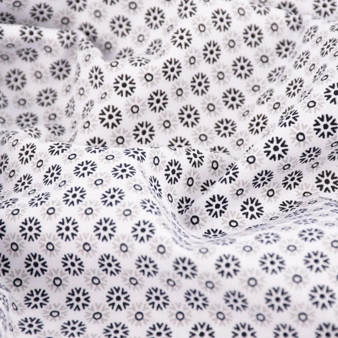 Baumwollstoff Popeline Minimals Blümchen Kreis-Ornamente weiß schwarz 1,48m Breite