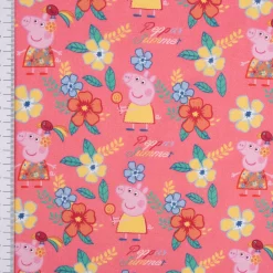 Baumwollstoff Popeline Peppa Wutz Blumen Blätter Schriftzug rosa gelb grün blau 1,5m Breite