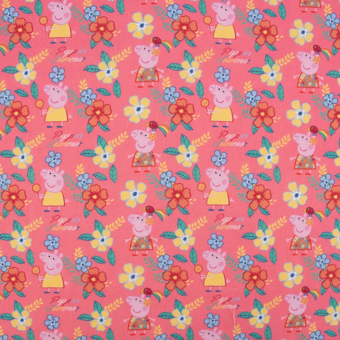 Baumwollstoff Popeline Peppa Wutz Blumen Blätter Schriftzug rosa gelb grün blau 1,5m Breite