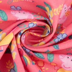 Baumwollstoff Popeline Peppa Wutz Blumen Blätter Schriftzug rosa gelb grün blau 1,5m Breite