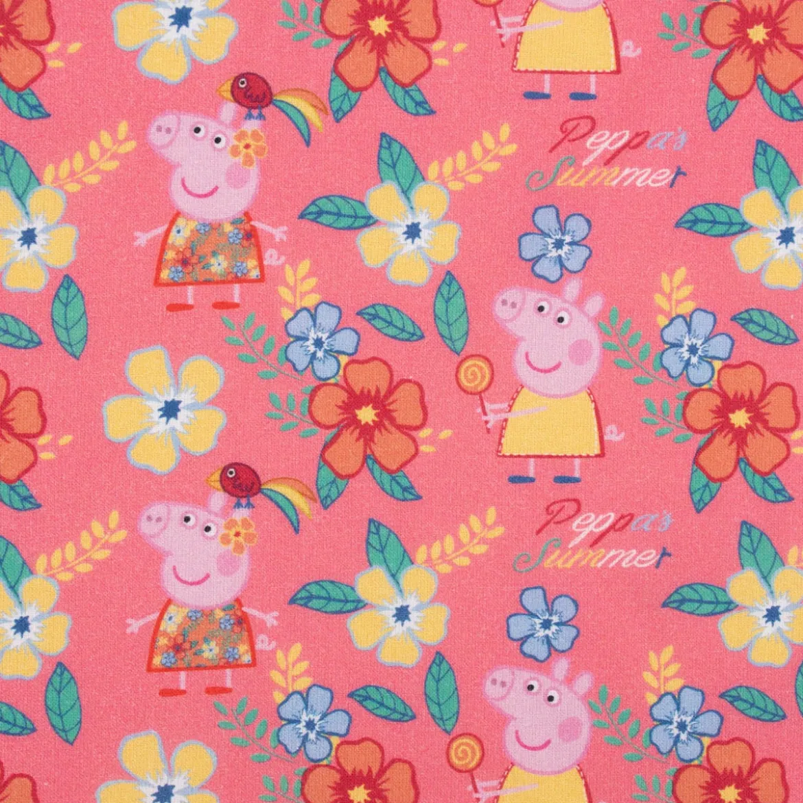 Baumwollstoff Popeline Peppa Wutz Blumen Blätter Schriftzug rosa gelb grün blau 1,5m Breite
