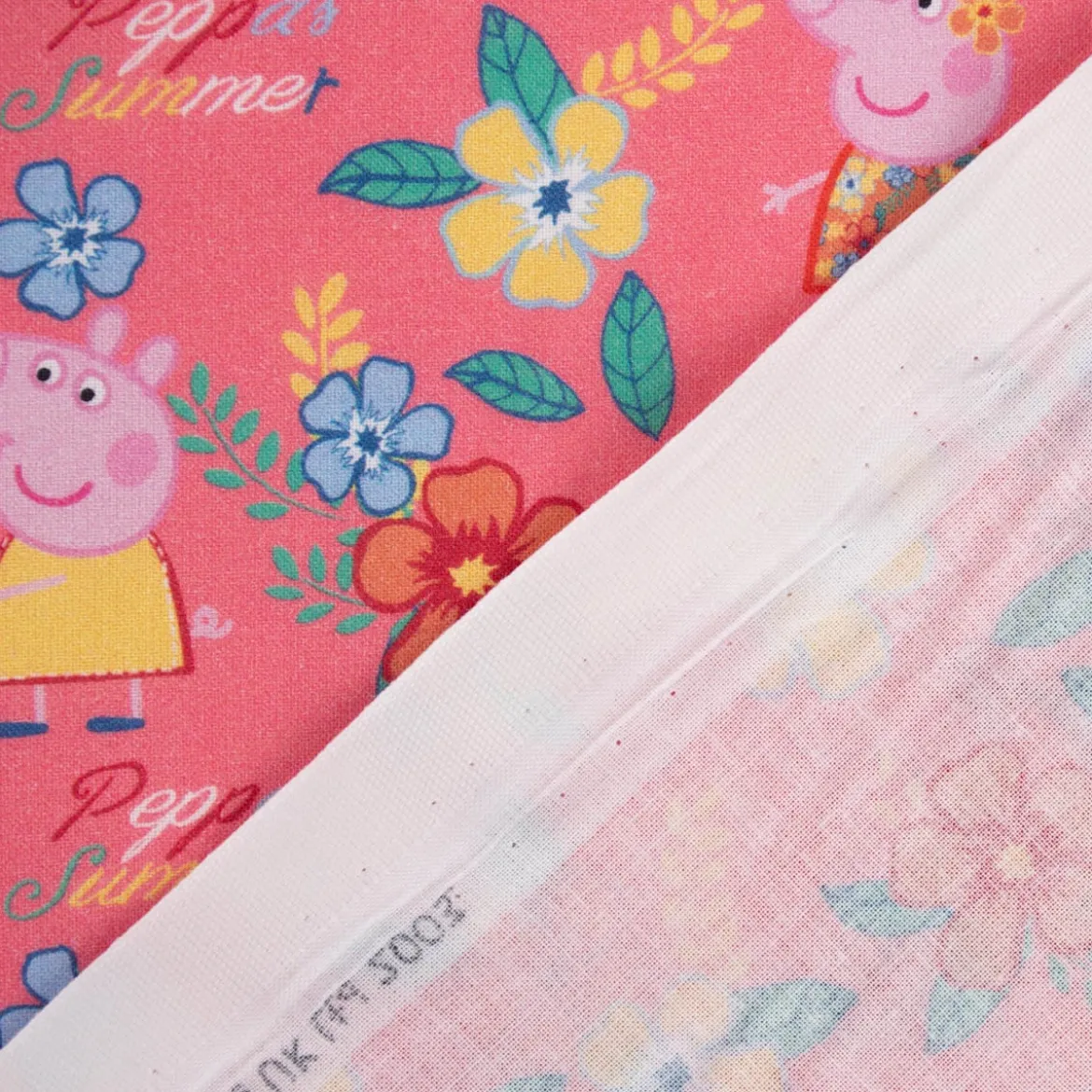 Baumwollstoff Popeline Peppa Wutz Blumen Blätter Schriftzug rosa gelb grün blau 1,5m Breite