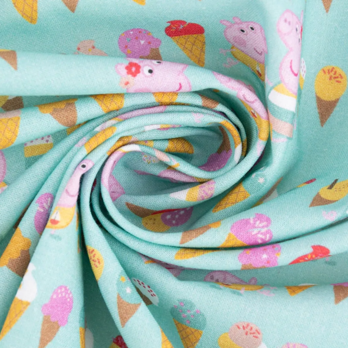 Baumwollstoff Popeline Peppa Wutz Schorsch Eis mint rosa braun gelb ocker 1,5m Breite