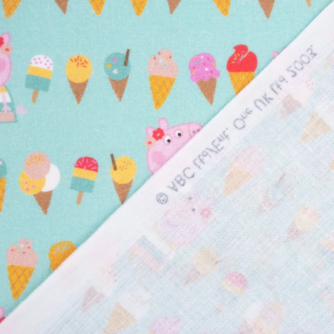 Baumwollstoff Popeline Peppa Wutz Schorsch Eis mint rosa braun gelb ocker 1,5m Breite