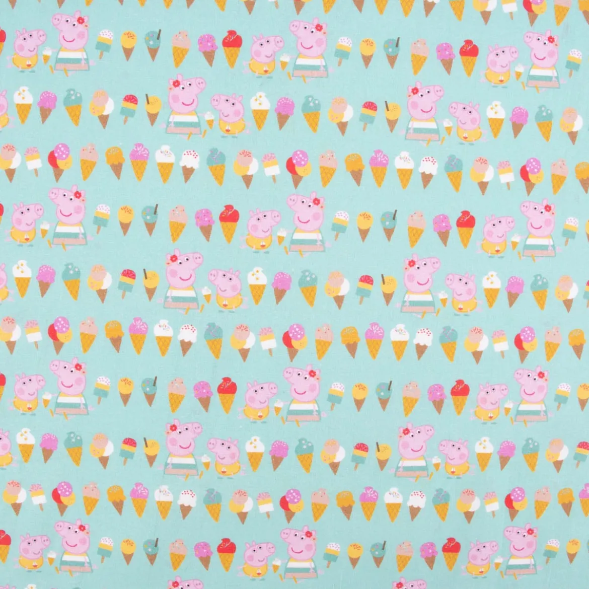 Baumwollstoff Popeline Peppa Wutz Schorsch Eis mint rosa braun gelb ocker 1,5m Breite
