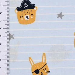 Baumwollstoff Popeline PIRATES Streifen Pirat Hase Bär Sterne hellblau grau ocker 1,45m Breite