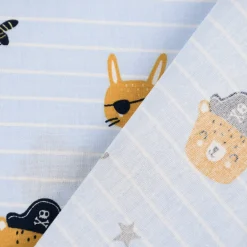 Baumwollstoff Popeline PIRATES Streifen Pirat Hase Bär Sterne hellblau grau ocker 1,45m Breite