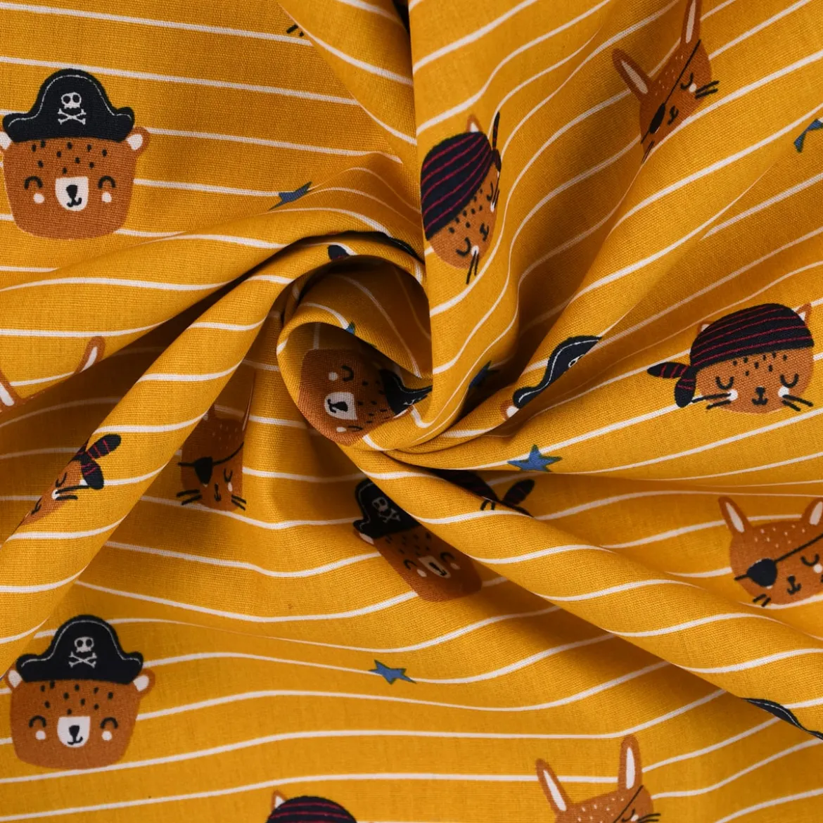 Baumwollstoff Popeline PIRATES Streifen Pirat Hase Bär Sterne ocker braun blau 1,45m Breite