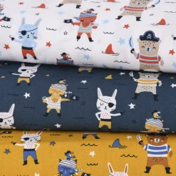 Baumwollstoff Popeline PIRATES Pirat Hase Bär Sterne dunkelblau grau ocker 1,45m Breite