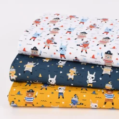 Baumwollstoff Popeline PIRATES Pirat Hase Bär Sterne ocker blau braun 1,45m Breite