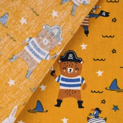 Baumwollstoff Popeline PIRATES Pirat Hase Bär Sterne ocker blau braun 1,45m Breite