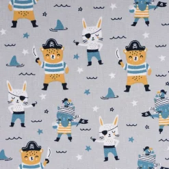 Baumwollstoff Popeline PIRATES Pirat Hase Bär Sterne grau blau ocker 1,45m Breite