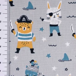 Baumwollstoff Popeline PIRATES Pirat Hase Bär Sterne grau blau ocker 1,45m Breite