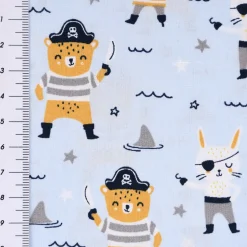 Baumwollstoff Popeline PIRATES Pirat Hase Bär Sterne blau grau ocker 1,45m Breite
