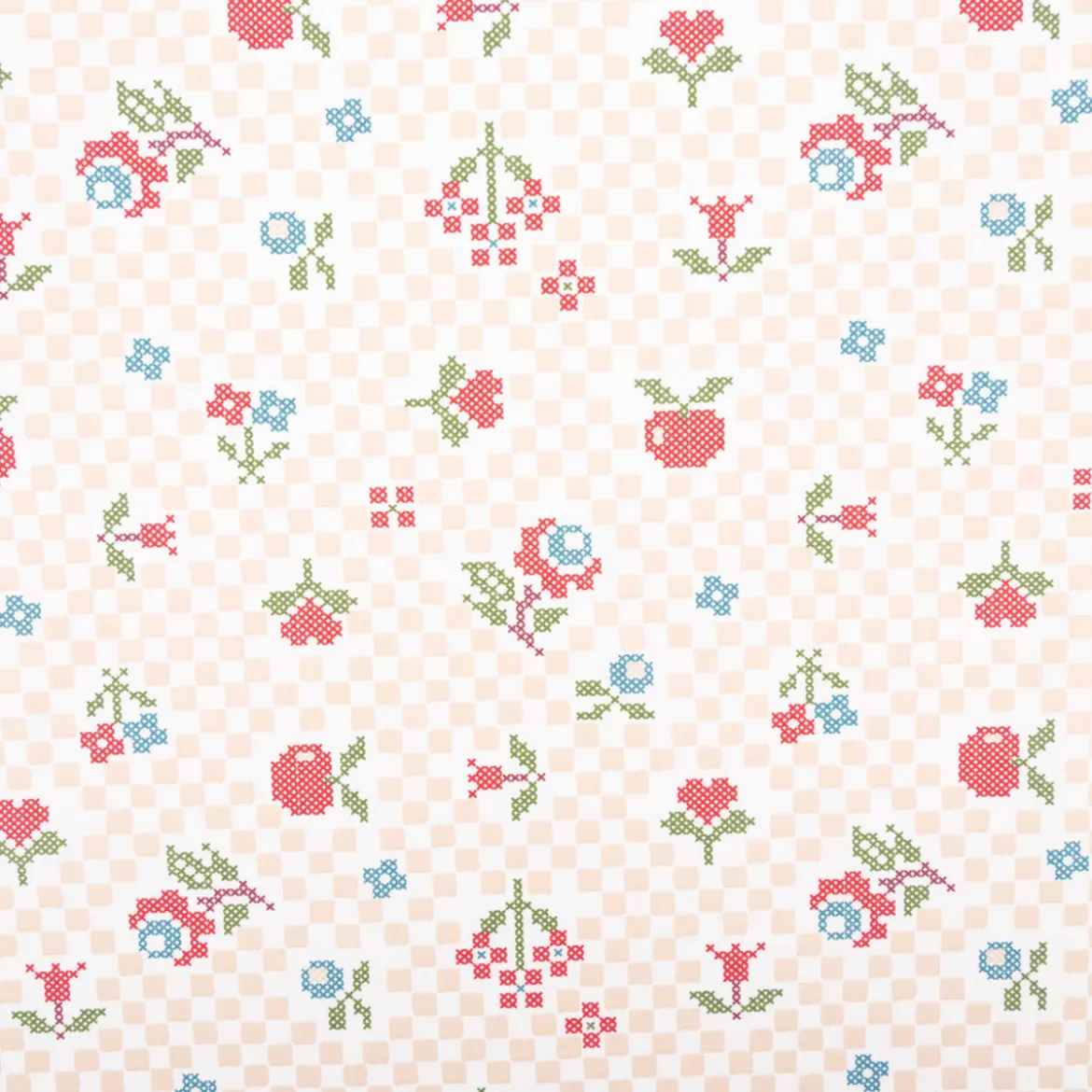 Baumwollstoff Popeline Pomsy Kreuzstich Blumen natur rot 1,50m Breite