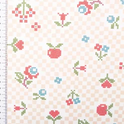 Baumwollstoff Popeline Pomsy Kreuzstich Blumen natur rot 1,50m Breite