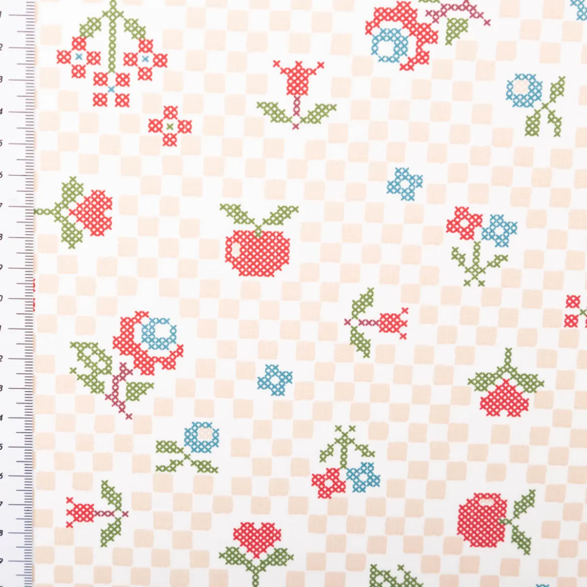 Baumwollstoff Popeline Pomsy Kreuzstich Blumen natur rot 1,50m Breite