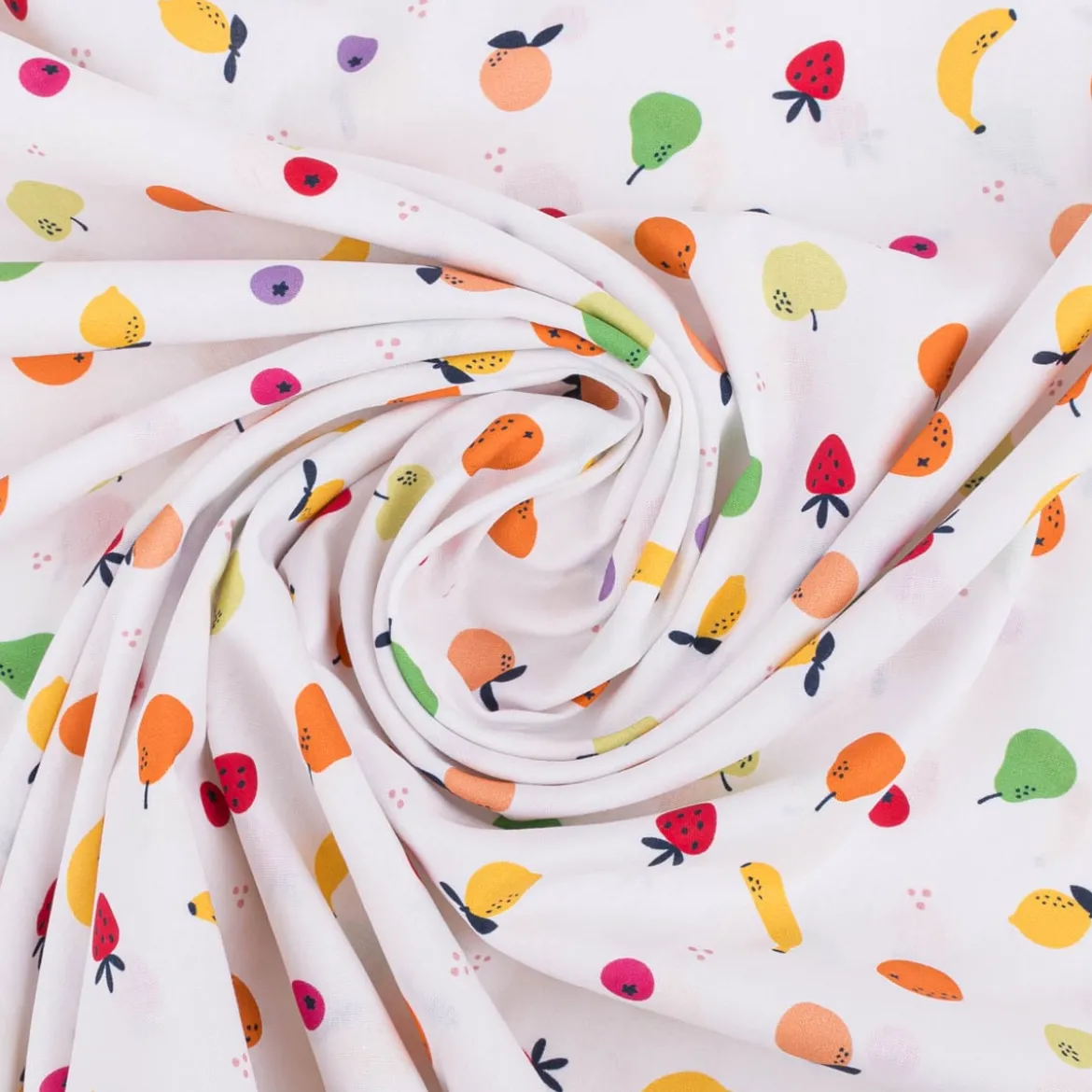 Baumwollstoff Popeline Stoff Tutti Frutti Früchte Apfel Beeren weiß bunt 1,45m Breite