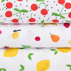 Baumwollstoff Popeline Stoff Tutti Frutti Früchte Apfel Beeren weiß bunt 1,45m Breite