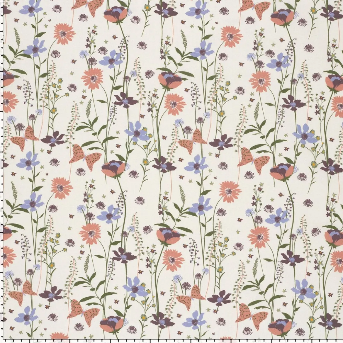 Baumwollstoff Popeline Stoff Blumen Schmetterlinge wollweiß lachsrosa blau 1,45m Breite