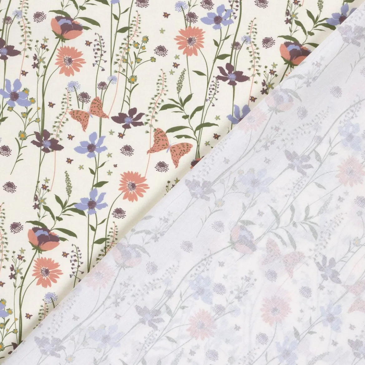 Baumwollstoff Popeline Stoff Blumen Schmetterlinge wollweiß lachsrosa blau 1,45m Breite