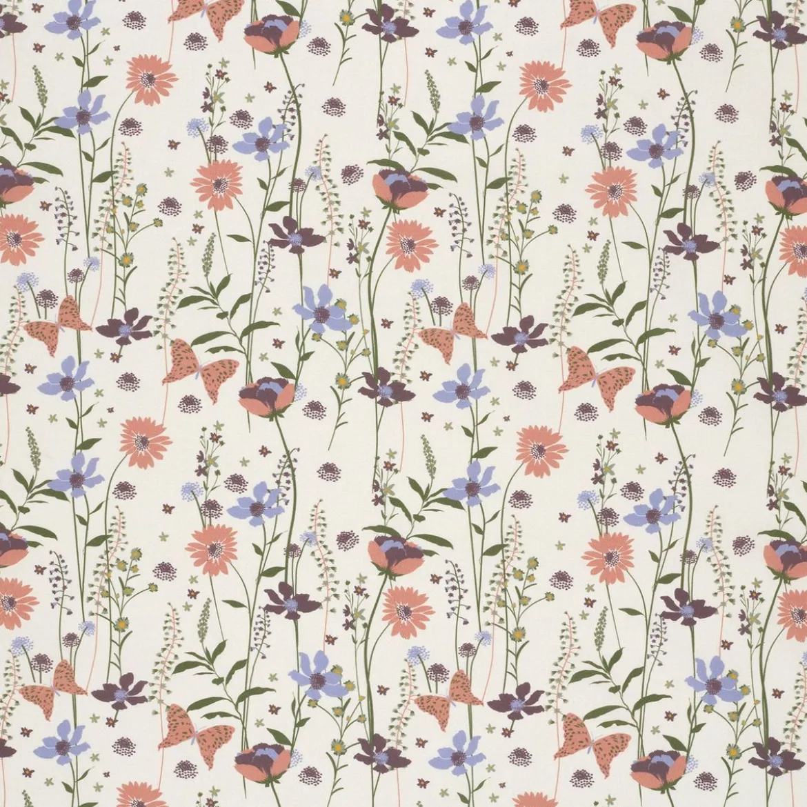 Baumwollstoff Popeline Stoff Blumen Schmetterlinge wollweiß lachsrosa blau 1,45m Breite