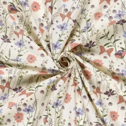 Baumwollstoff Popeline Stoff Blumen Schmetterlinge wollweiß lachsrosa blau 1,45m Breite