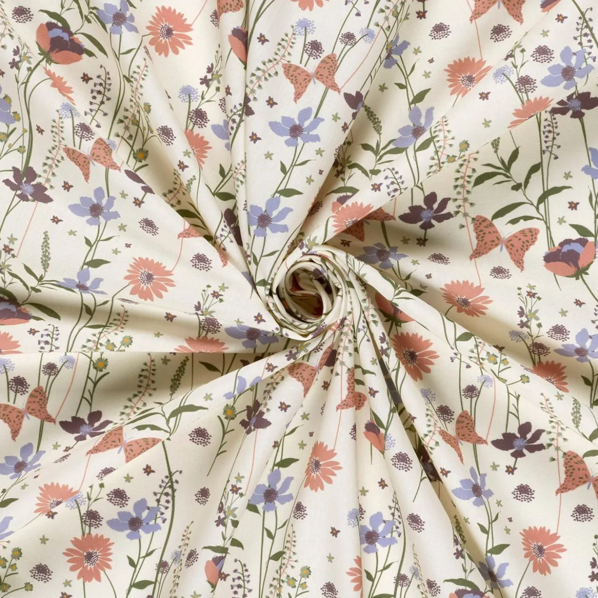 Baumwollstoff Popeline Stoff Blumen Schmetterlinge wollweiß lachsrosa blau 1,45m Breite