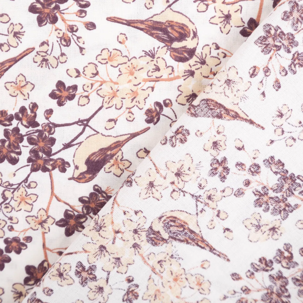 Baumwollstoff Popeline Stoff Vögel Blumen wollweiß beige weinrot 1,45m Breite