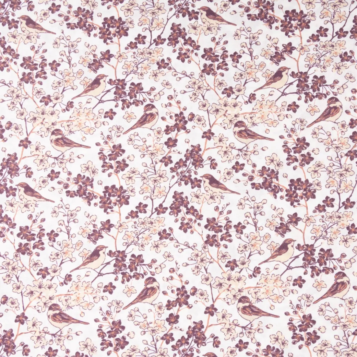 Baumwollstoff Popeline Stoff Vögel Blumen wollweiß beige weinrot 1,45m Breite