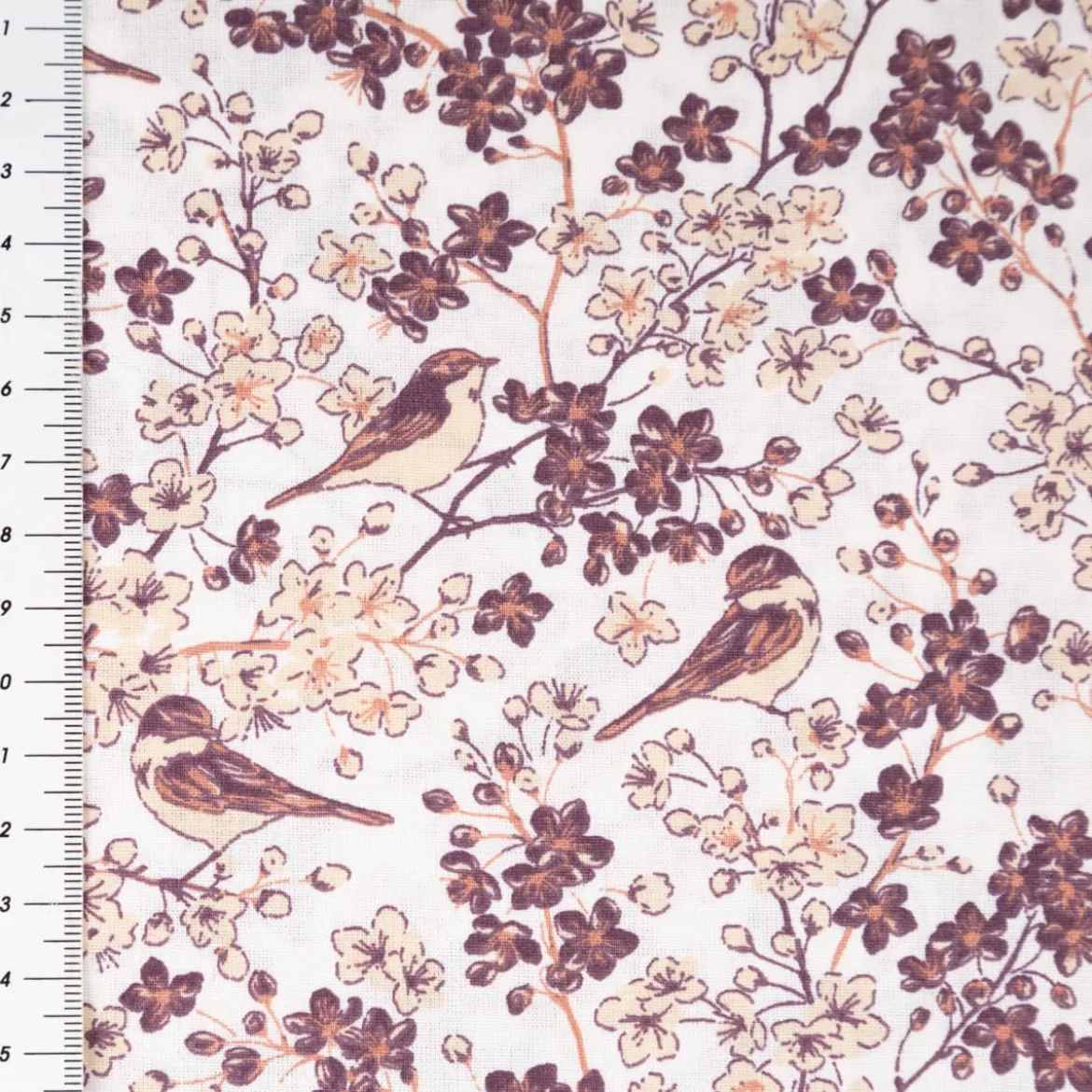 Baumwollstoff Popeline Stoff Vögel Blumen wollweiß beige weinrot 1,45m Breite