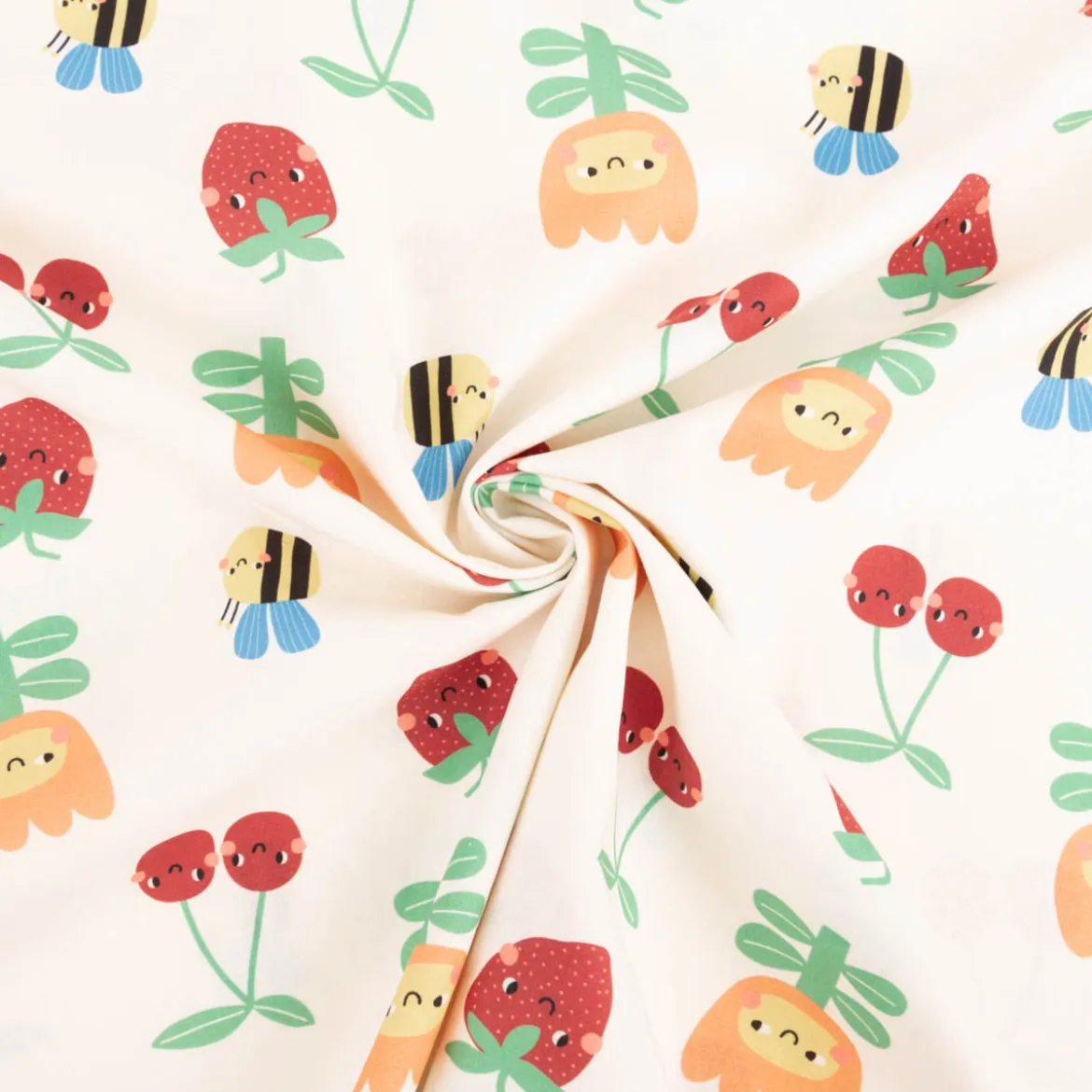 Baumwollstoff Popeline Stoff Früchte Blumen Bienen wollweiß bunt 1,45m Breite