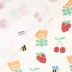 Baumwollstoff Popeline Stoff Früchte Blumen Bienen wollweiß bunt 1,45m Breite
